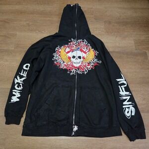 Blac Label Mens Black Winged Skull Zip Up Hoodie Wicked Sinful Gothic XXL